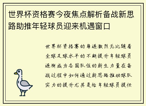 世界杯资格赛今夜焦点解析备战新思路助推年轻球员迎来机遇窗口